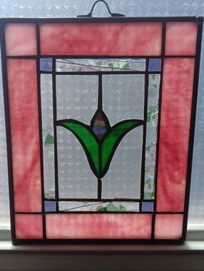 Handmade Stained Glass Suncatcher Window Panel Floral Pink and Green